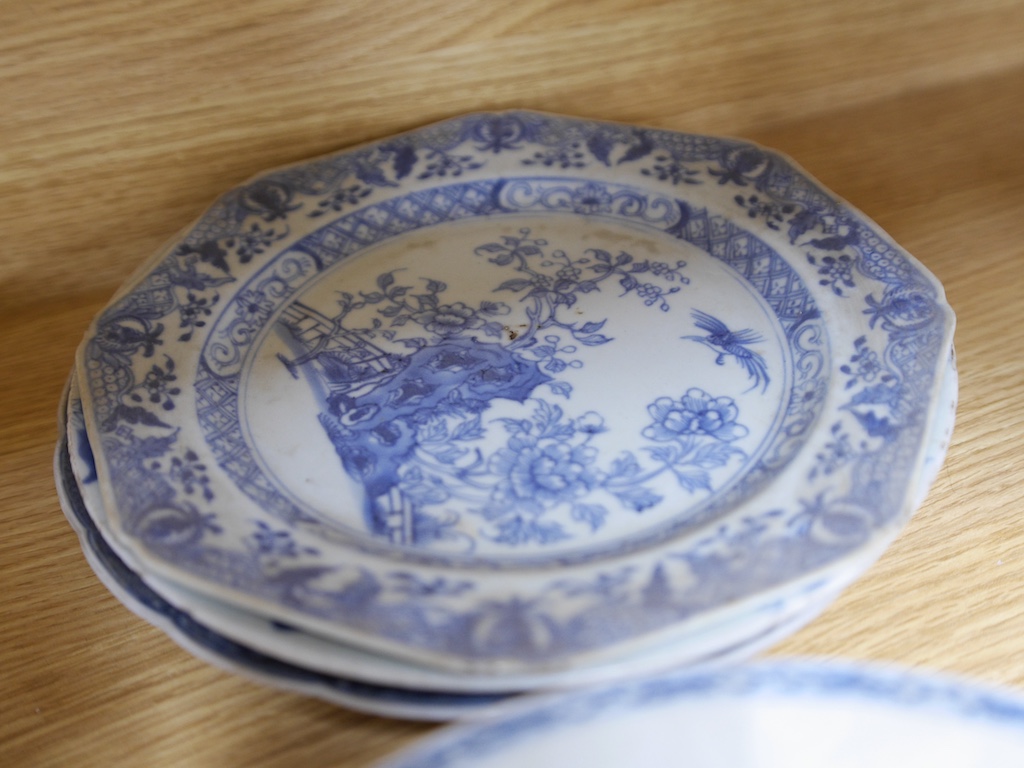 A group of 18th century Chinese export blue and white plates, two similar vases and a jug, largest 22cm wide. Condition - varies, some chipping and cracking